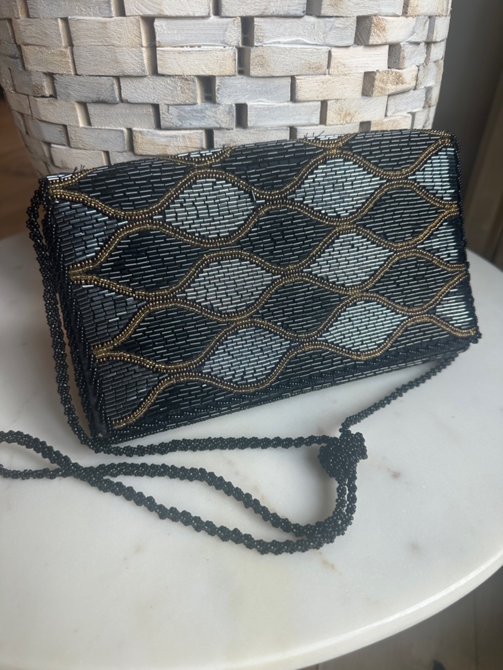 La Regale Vintage Black Beaded Clutch with Gold Accents